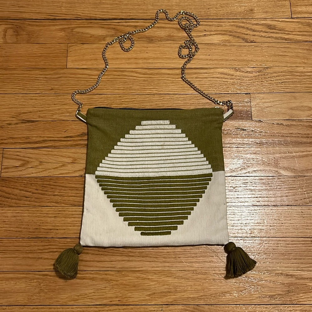 tribe alive Olive Green and Cream Beaded Crossbody with Tassels
